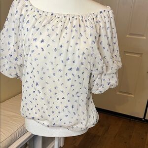 CeCe Off-Shoulder Floral Blouse - White and Blue